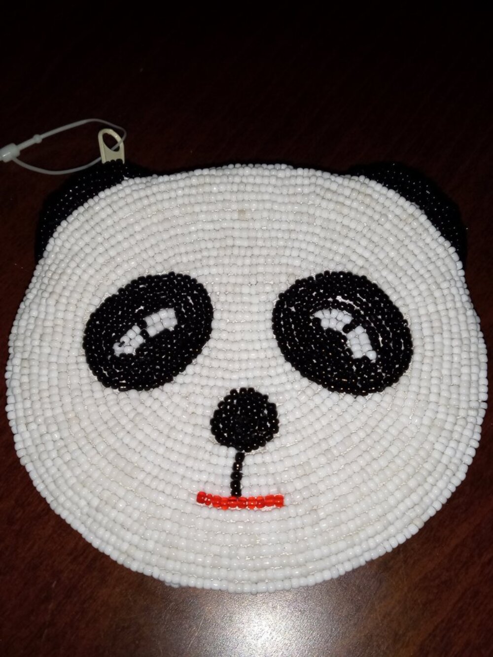Vintage PANDA bear beaded zippered change purse ~ exterior like new
